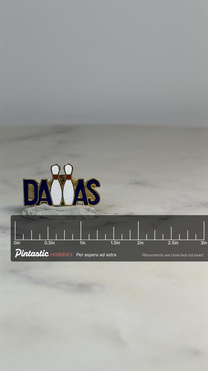 Dallas Bowling Souvenir Pin: Enamel Gold Tone - Retro Travel Accessory with ruler overlay for size reference