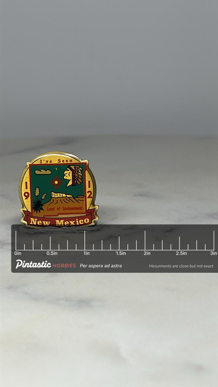 New Mexico State Souvenir Pin: Gold Enamel - Vintage Travel Accessory with ruler overlay for size reference