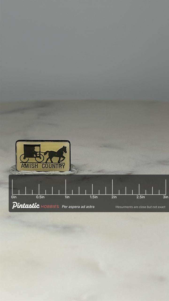 Amish Country Souvenir Pin: Cream & Black Enamel - Vintage Travel Accessory with ruler overlay for size reference