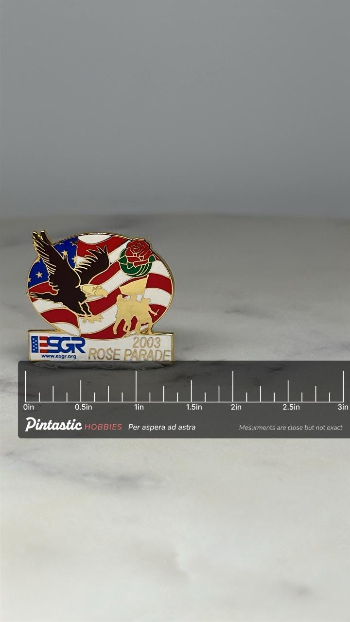 ESGR Rose Parade Pin: American Flag & Eagle Design - 2003 Patriotic Accessory with ruler overlay for size reference