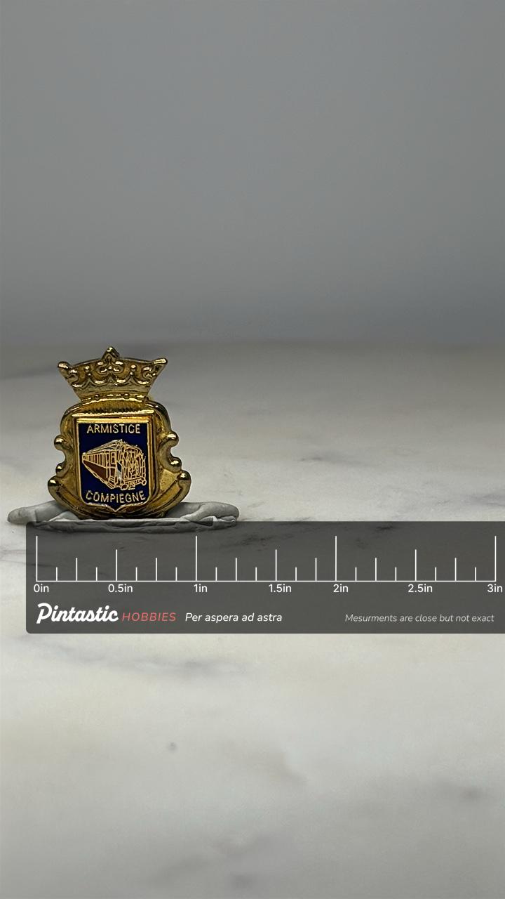 Armistice Compiègne Pin: Gold & Blue Enamel - Historic Commemorative Accessory with ruler overlay for size reference