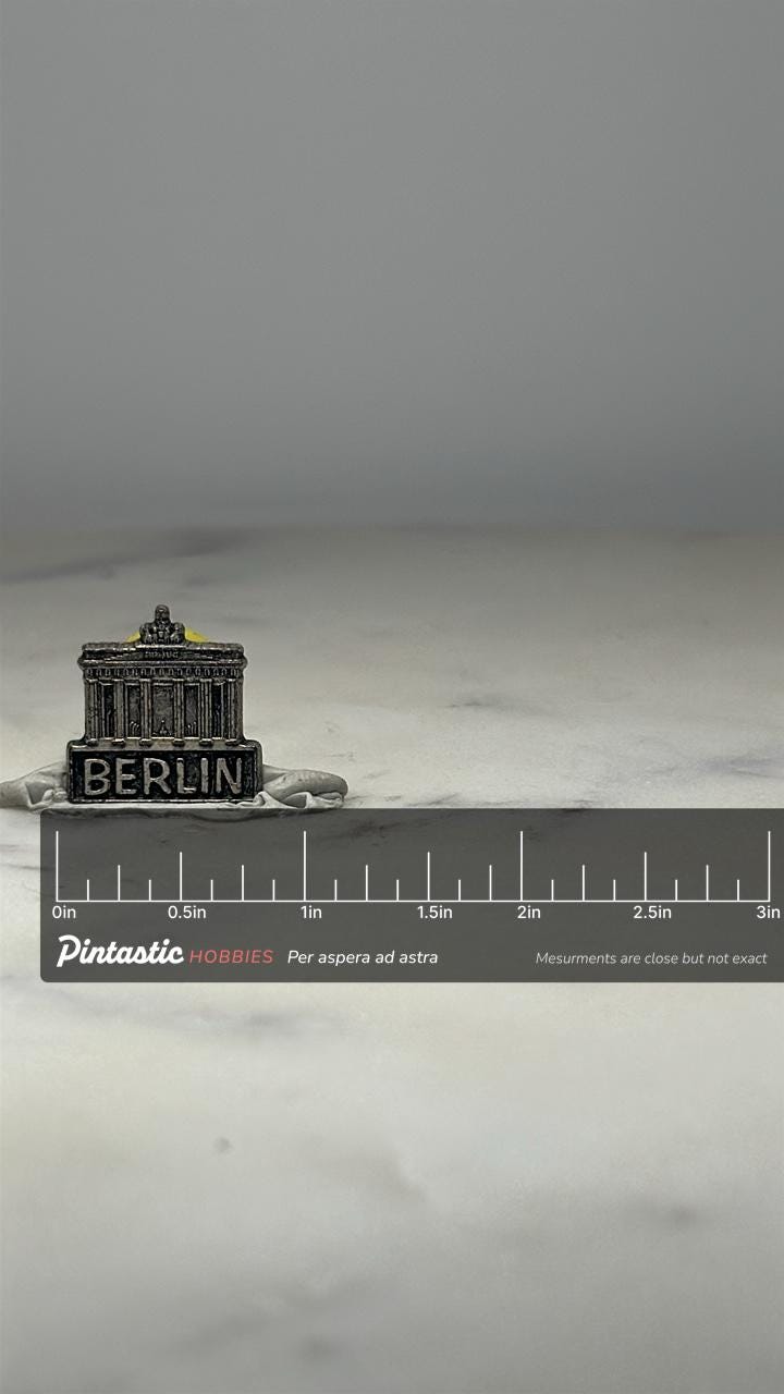 Berlin Landmark Pin: Antiqued Silver Tone - Souvenir Travel Accessory with ruler overlay for size reference