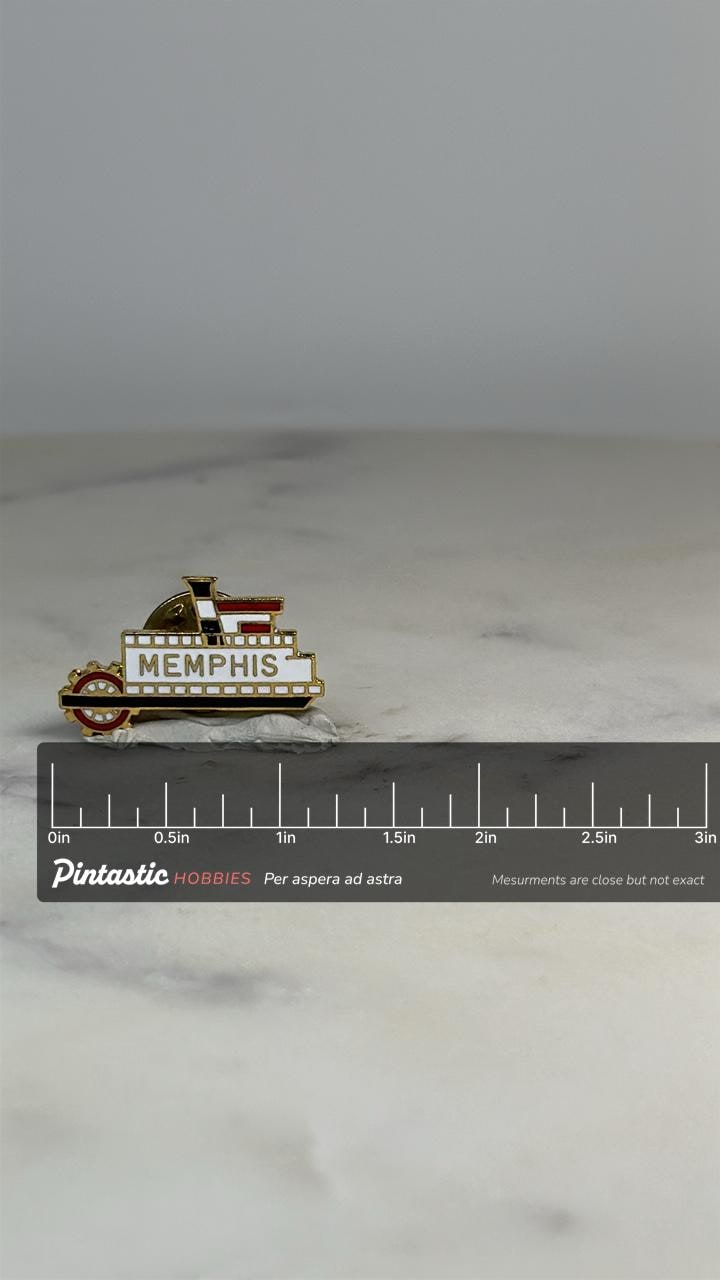 Memphis Riverboat Souvenir Pin: Gold Enamel Finish - Vintage Travel Accessory with ruler overlay for size reference