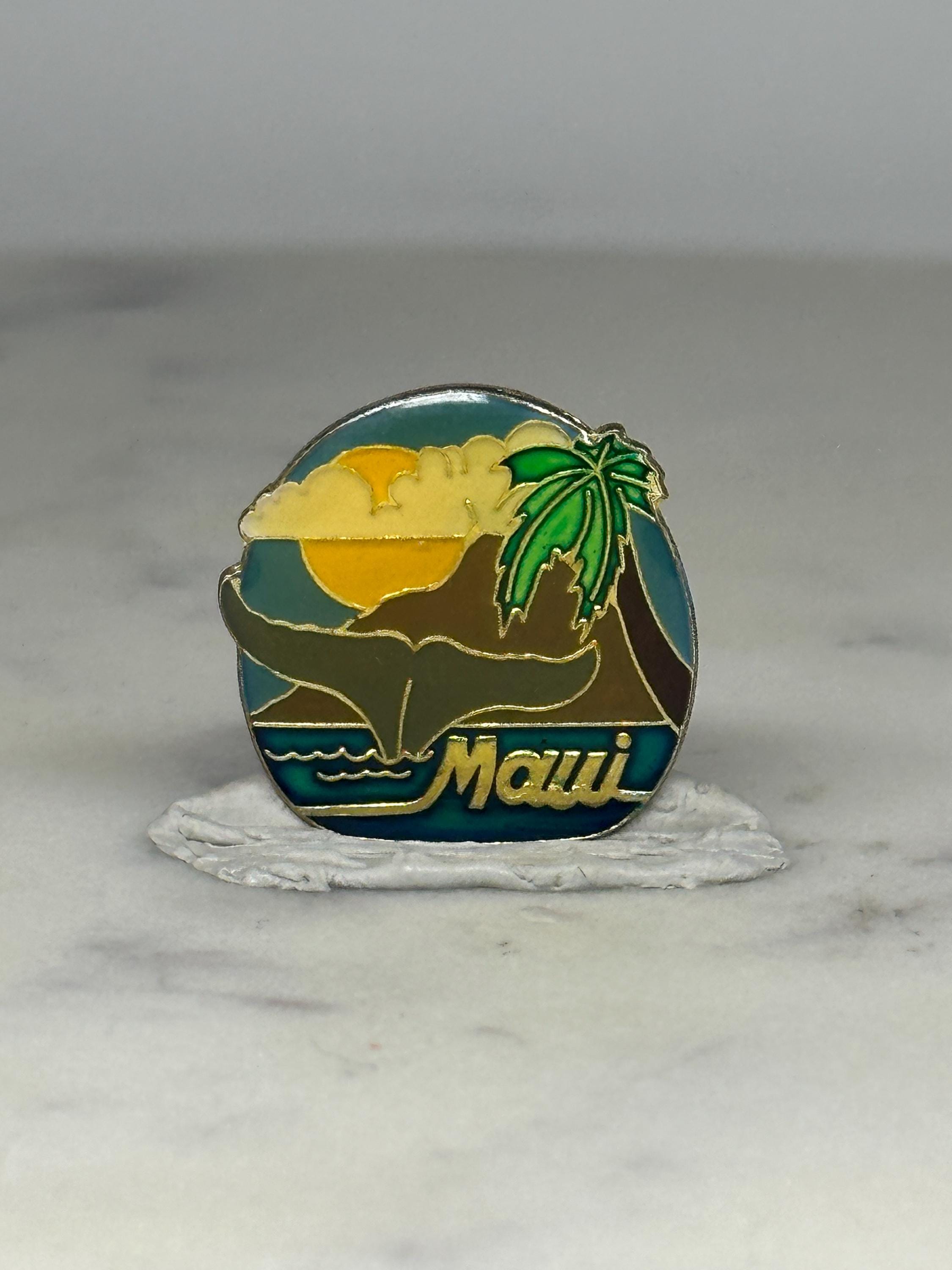 Maui Whale Enamel Pin: Tropical Sunset Beach Scene - Vintage Travel Accessory