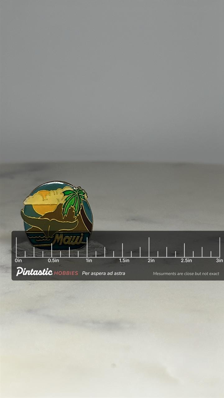 Maui Whale Enamel Pin: Tropical Sunset Beach Scene - Vintage Travel Accessory with ruler overlay for size reference