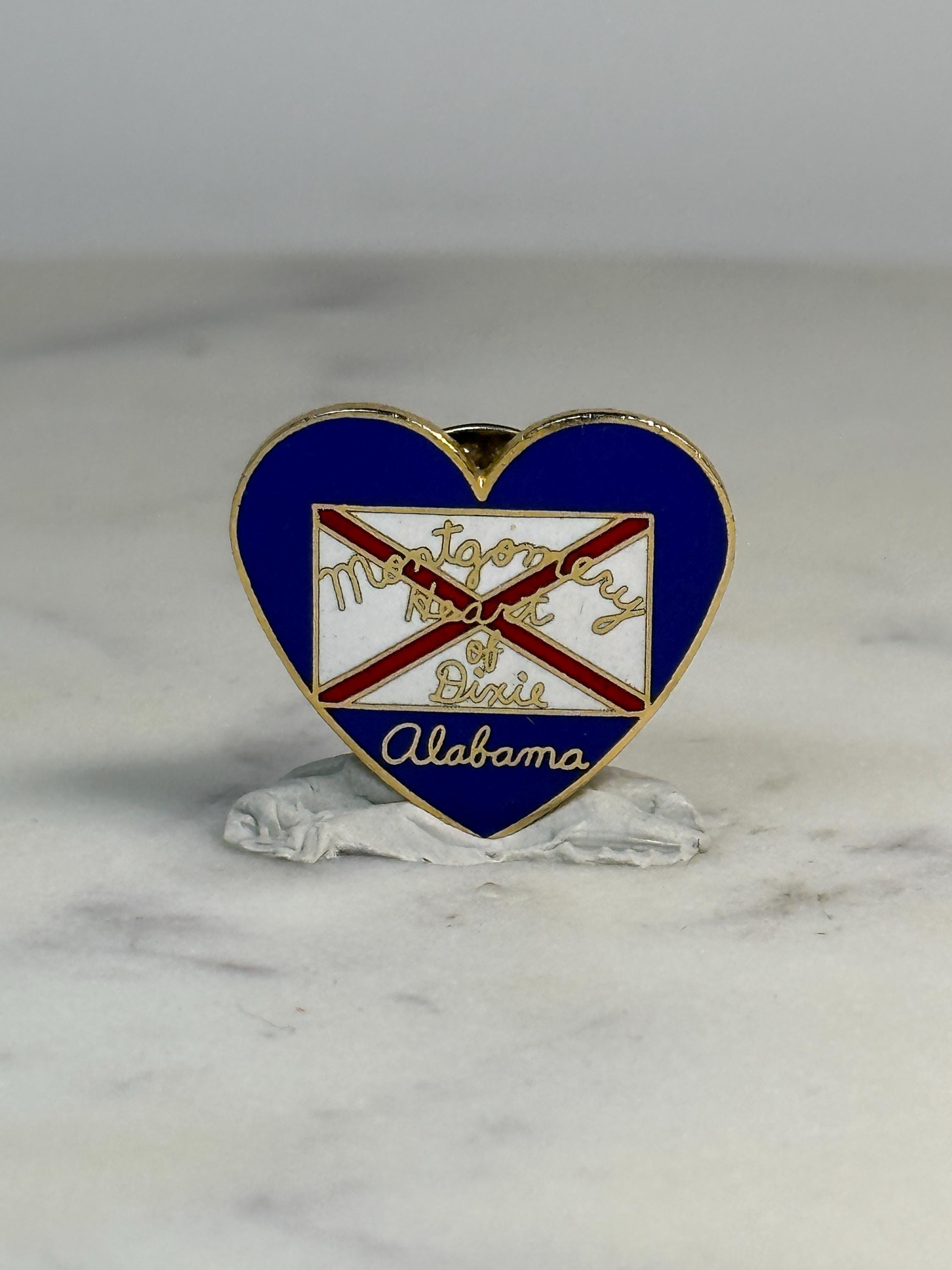 Montgomery Alabama Heart Pin: Blue Enamel Gold Trim - Vintage Travel Accessory