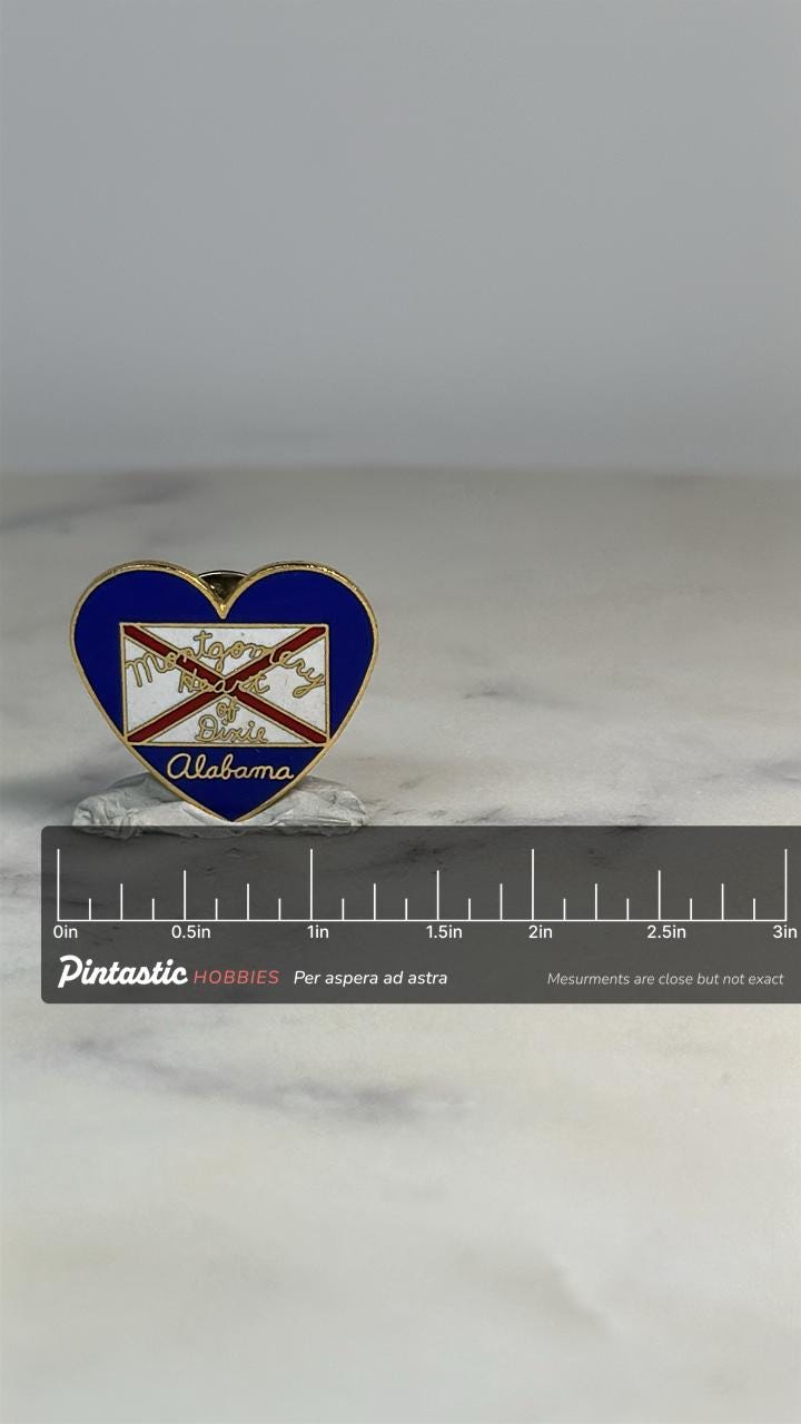 Montgomery Alabama Heart Pin: Blue Enamel Gold Trim - Vintage Travel Accessory with ruler overlay for size reference