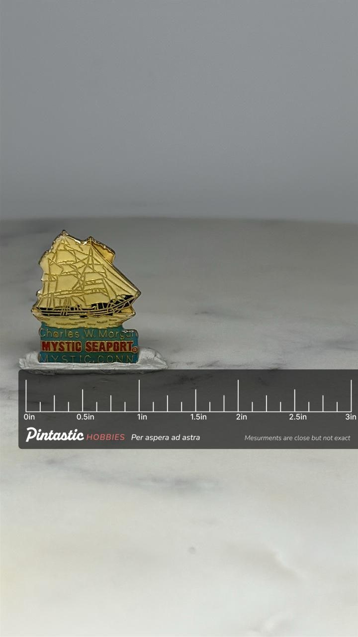 Charles W. Morgan Ship Pin: Gold Enamel - Nautical Souvenir Accessory with ruler overlay for size reference