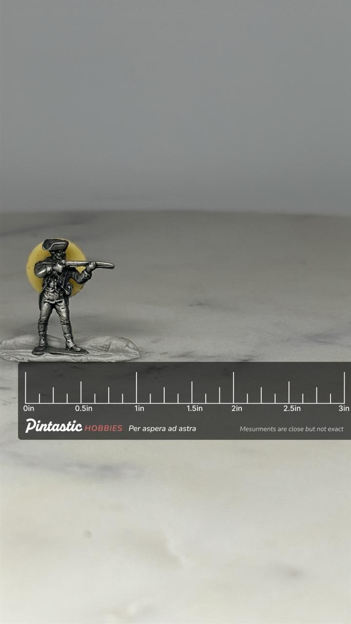 Revolutionary War Soldier Pin: Pewter Finish - Patriotic Accessory with ruler overlay for size reference