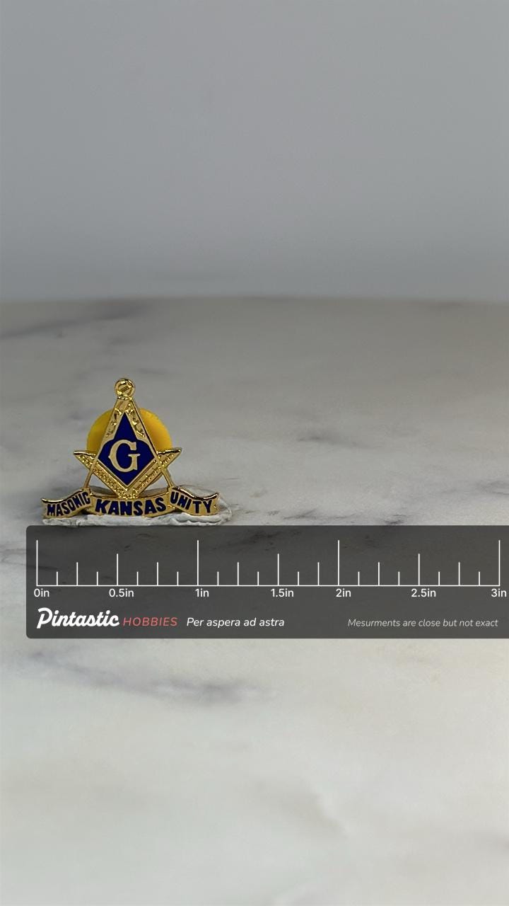 Masonic Kansas Unity Pin: Gold & Blue Enamel - Fraternal Accessory with ruler overlay for size reference