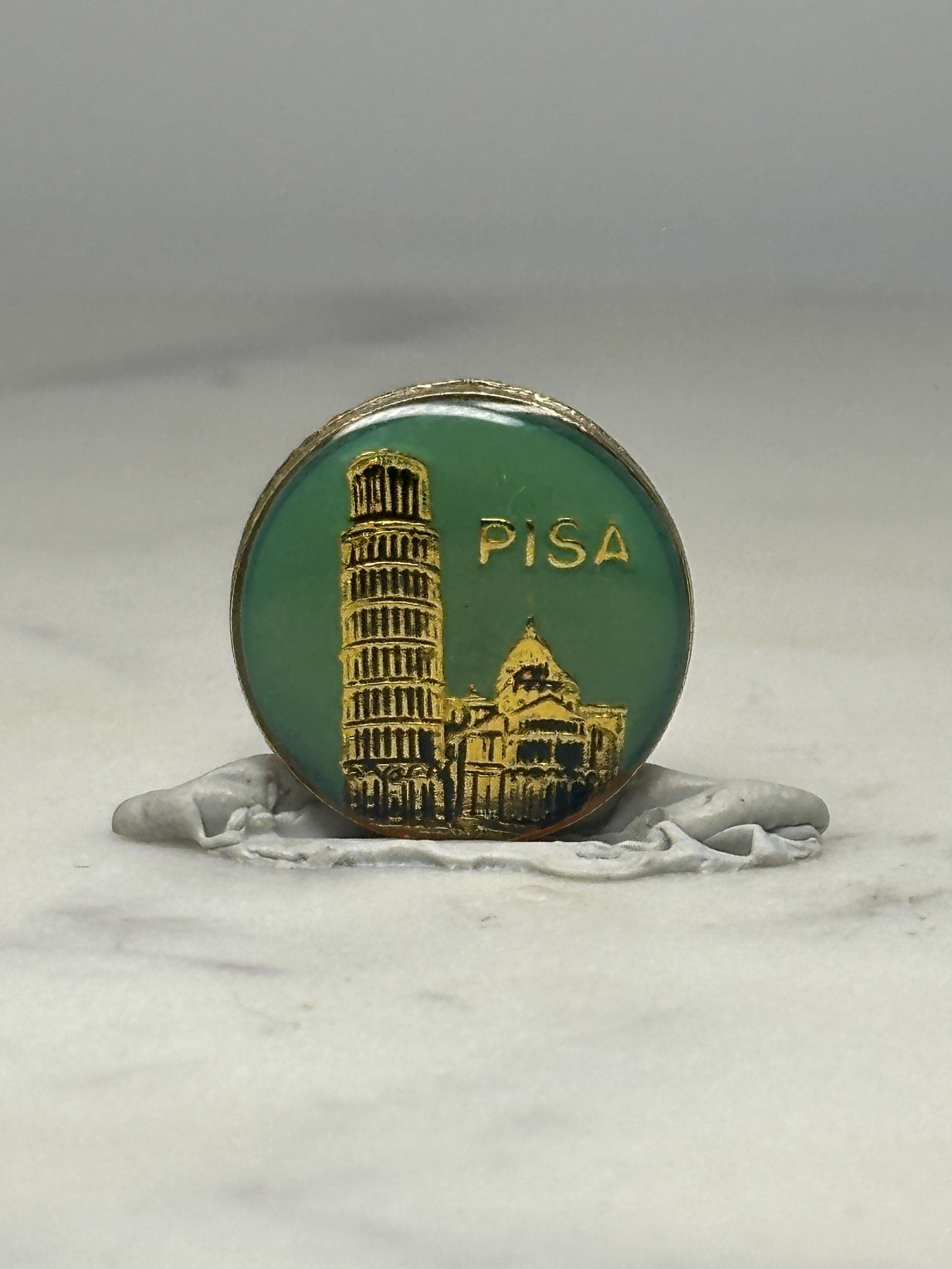 Pisa Italy Souvenir Pin: Gold on Green Enamel - Vintage Travel Accessory