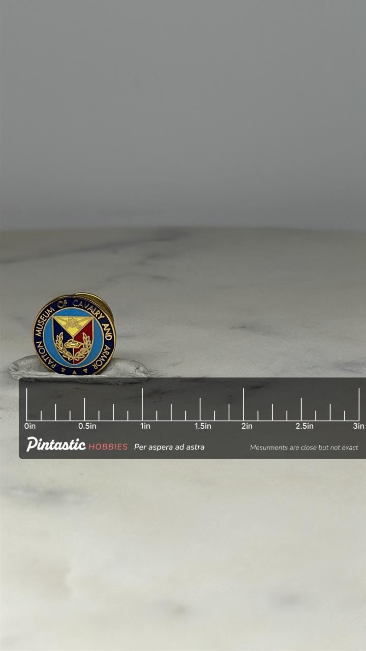 Patton Museum of Cavalry and Armor Pin: Gold Enamel - Military Collectible Accessory with ruler overlay for size reference