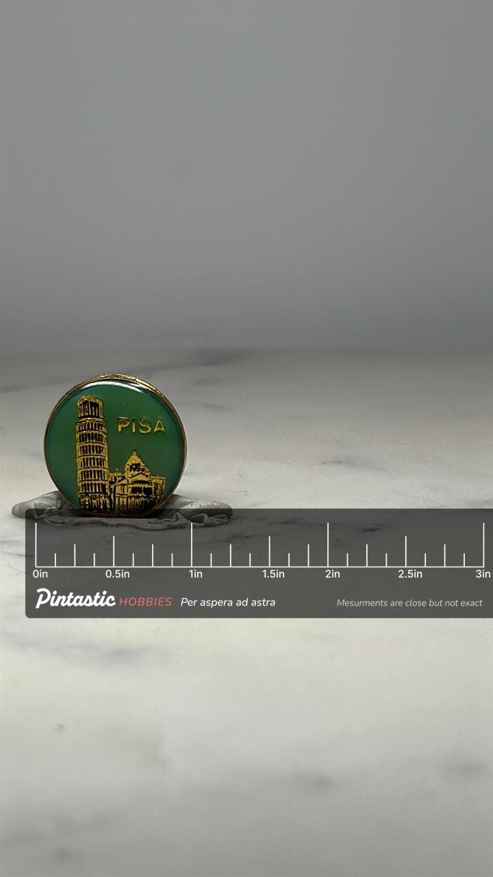 Pisa Italy Souvenir Pin: Gold on Green Enamel - Vintage Travel Accessory with ruler overlay for size reference