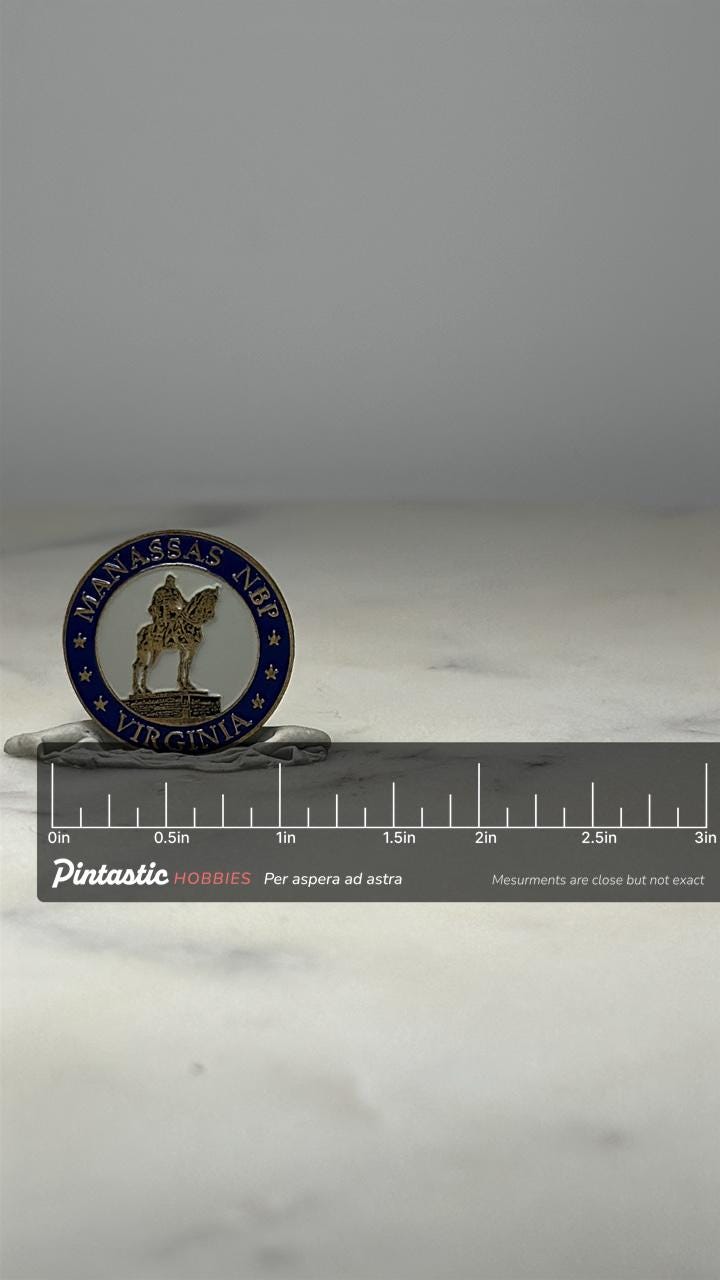 Manassas NBP Virginia Pin: Blue Enamel Circle - Historic Souvenir Accessory with ruler overlay for size reference