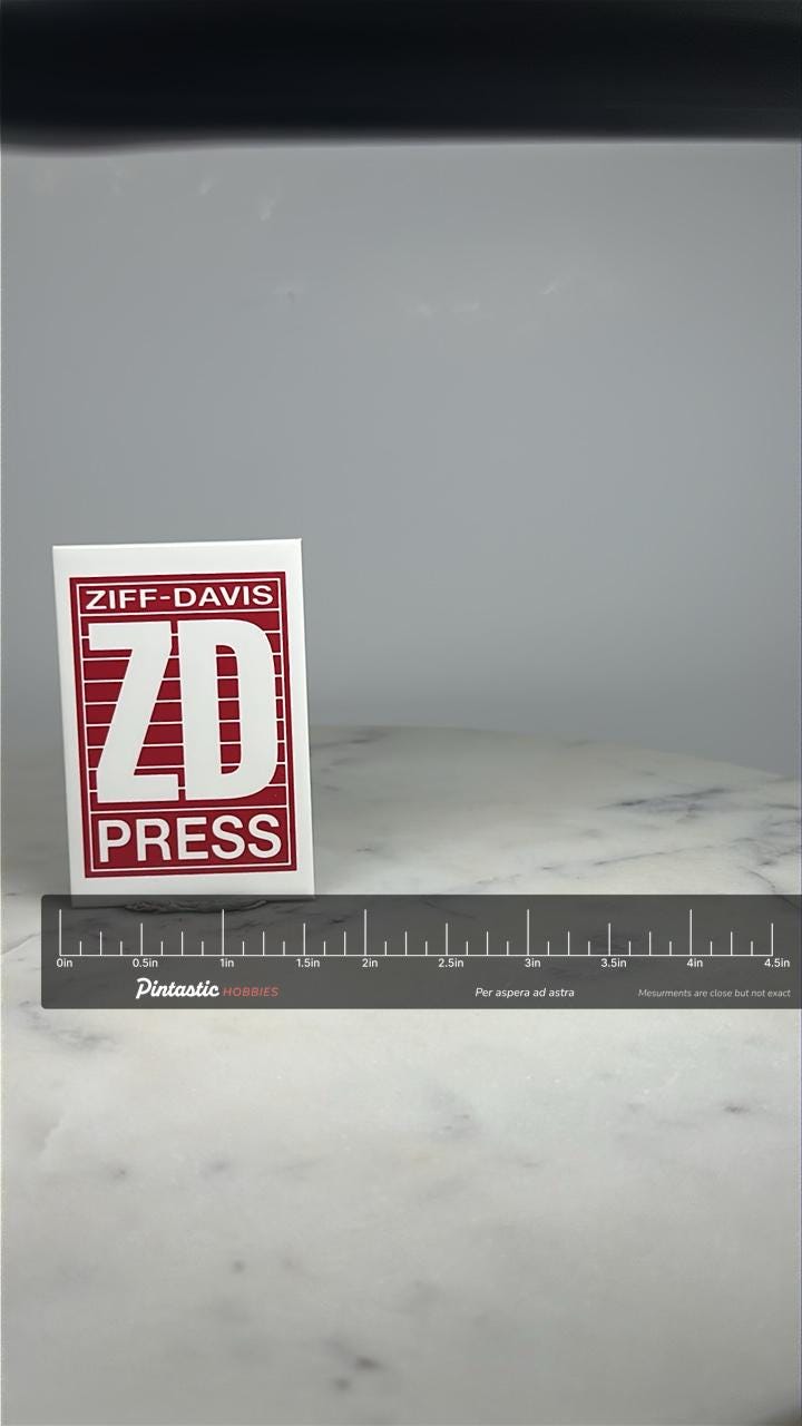 Ziff-Davis Press Button Pin: Red White Logo - Vintage Media Accessory with ruler overlay for size reference
