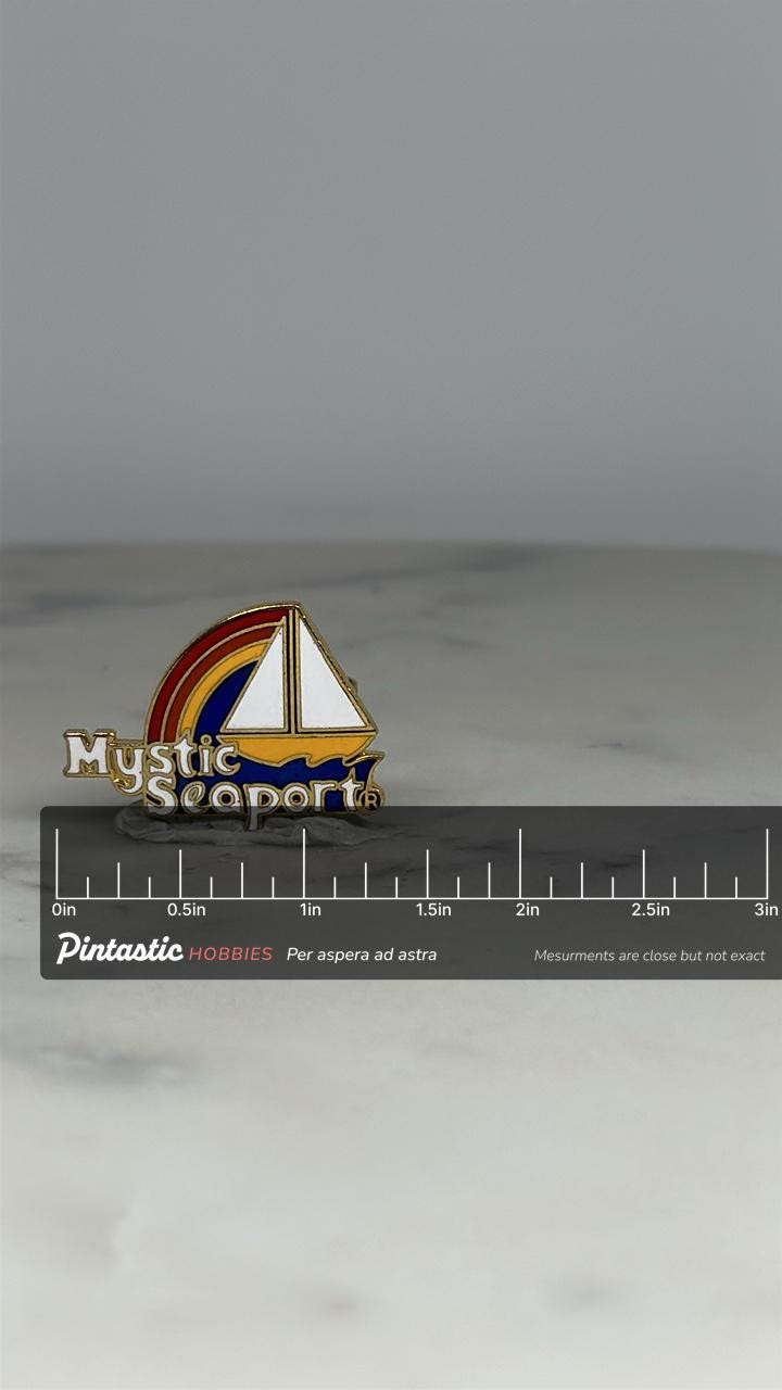 Mystic Seaport Sailboat Pin: Rainbow Enamel Finish - Vintage Travel Accessory with ruler overlay for size reference