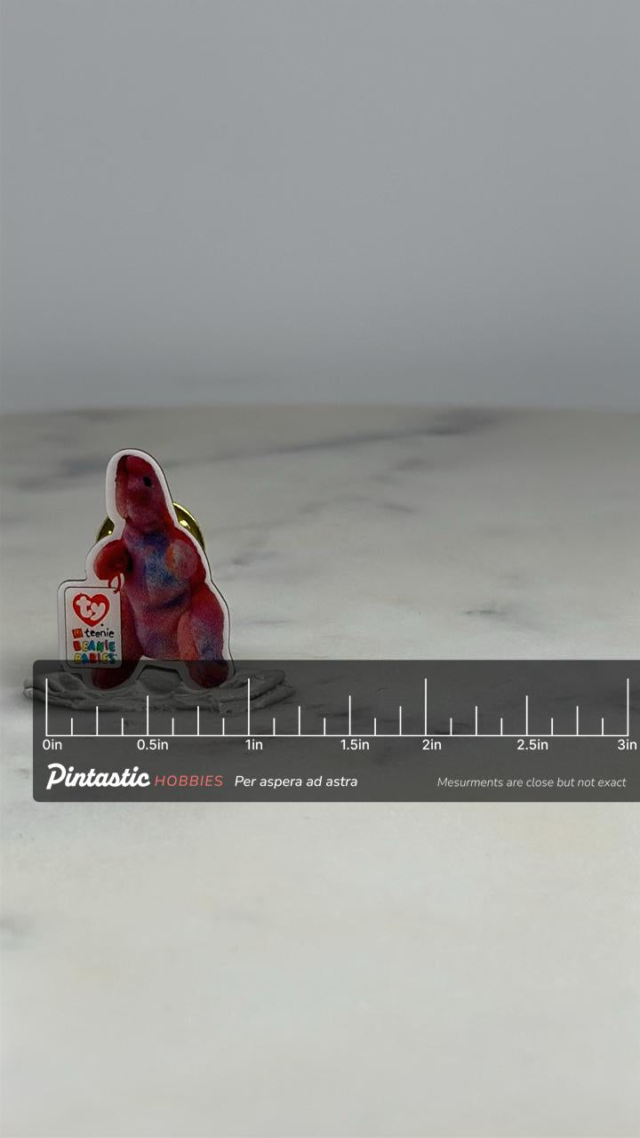 Beanie Babies Dinosaur Pin: Multicolor Pink - 90s Nostalgia Accessory with ruler overlay for size reference