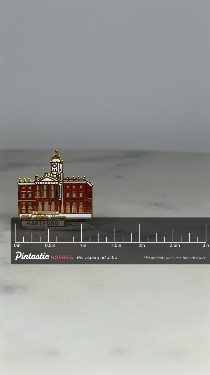 Hartford Old State House Pin: Red Enamel & Gold Trim - City Landmark Accessory with ruler overlay for size reference