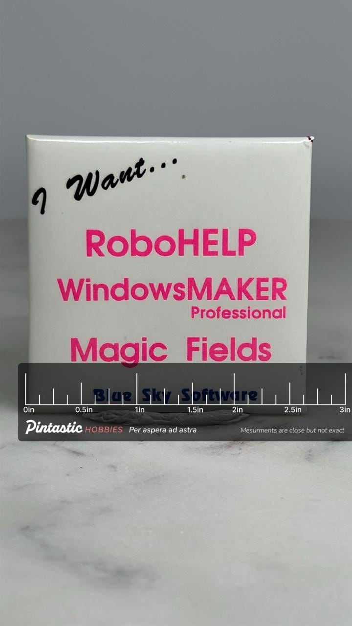 RoboHELP Software Promo Pin: White Pink Blue - 90s Tech Accessory with ruler overlay for size reference