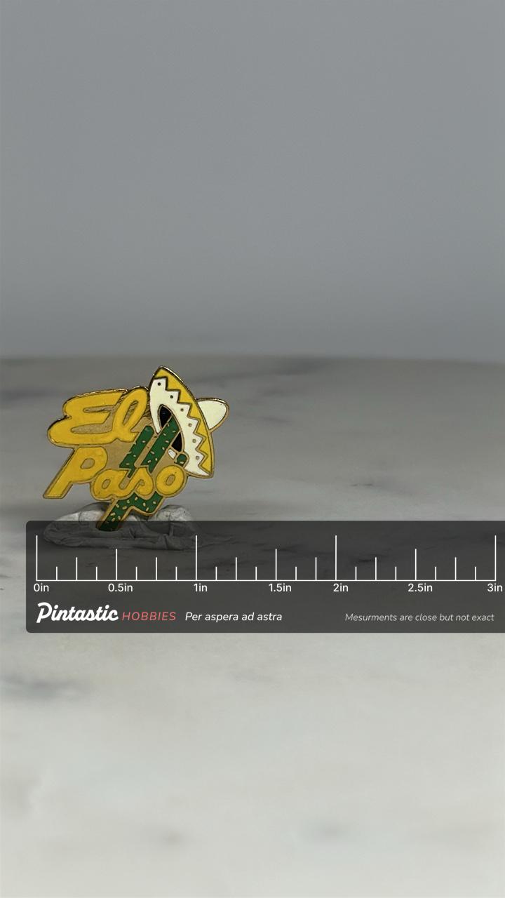 El Paso Souvenir Pin: Yellow Enamel Sombrero Cactus - Vintage Travel Accessory with ruler overlay for size reference