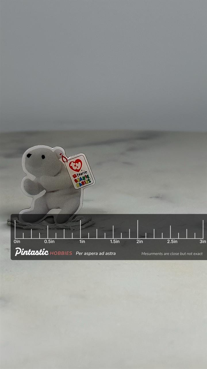 Beanie Babies Bear Pin: White Design - 90s Nostalgia Accessory with ruler overlay for size reference