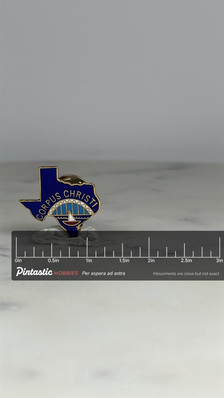 Corpus Christi Texas Pin: Blue Enamel State Shape - Vintage Souvenir Accessory with ruler overlay for size reference