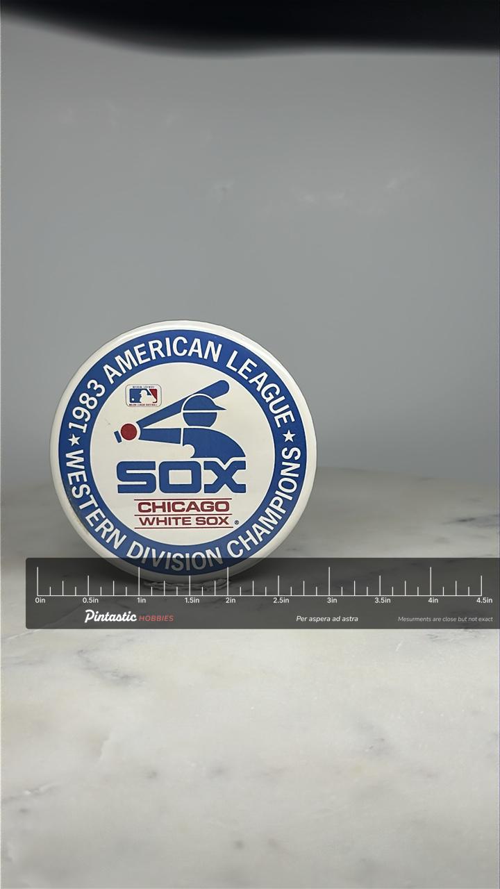 Chicago White Sox Button Pin: Blue & White Round - 1983 Sports Accessory with ruler overlay for size reference