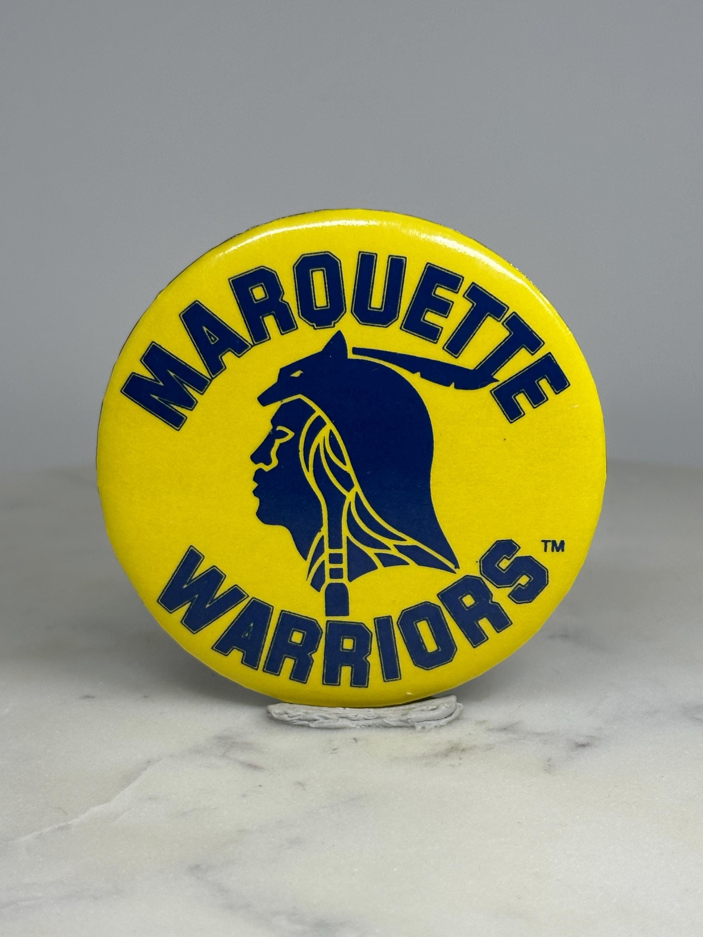 Marquette Warriors Button Pin: Yellow Blue Graphic - Vintage College Accessory