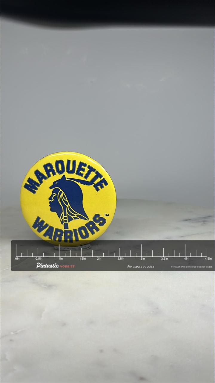 Marquette Warriors Button Pin: Yellow Blue Graphic - Vintage College Accessory with ruler overlay for size reference