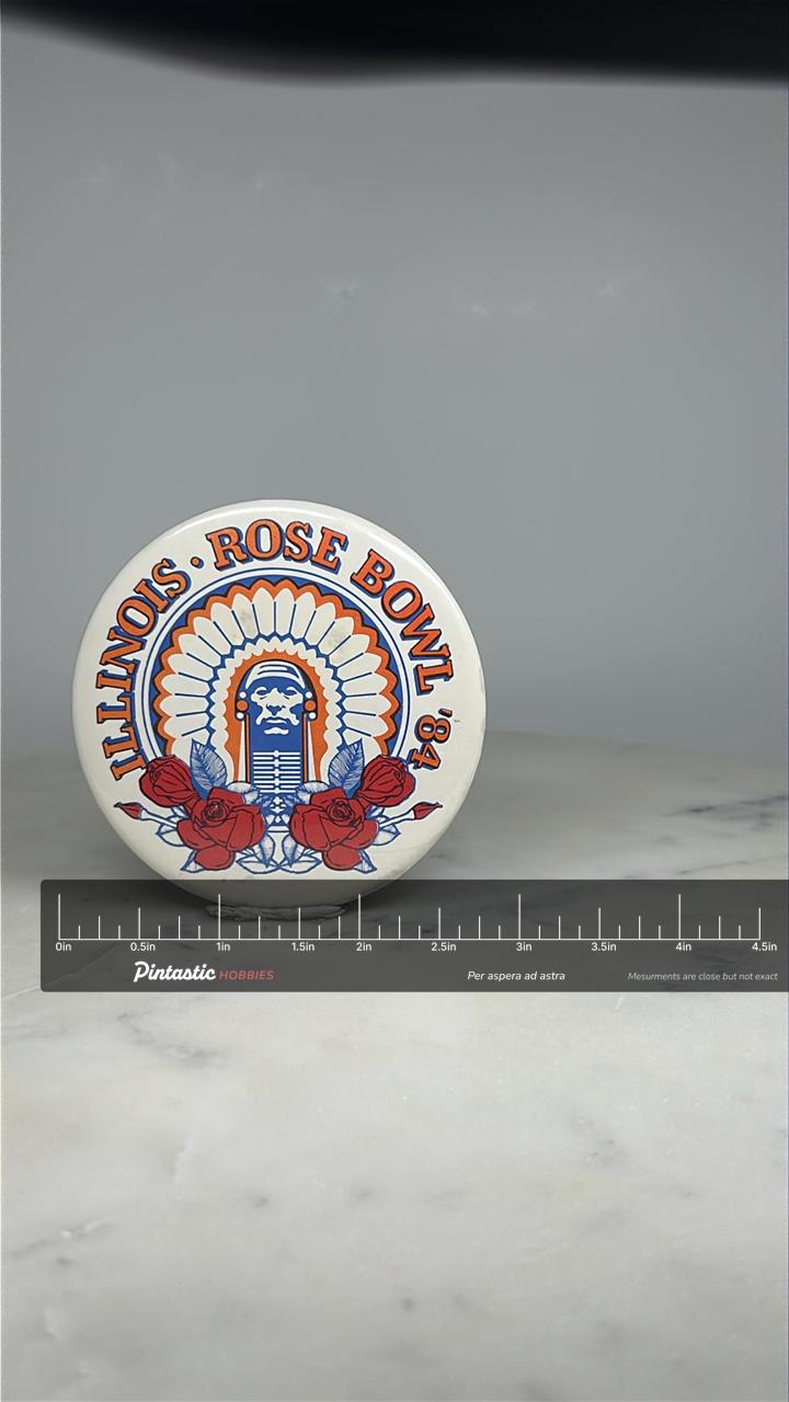 Illinois Rose Bowl Pinback Button: Red White Blue - 1984 Sports Accessory with ruler overlay for size reference