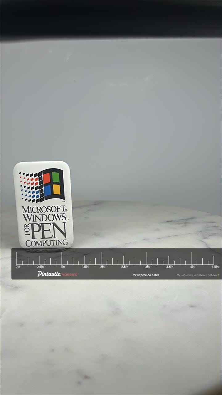 Microsoft Windows Pin: White Tech Logo - 90s Vintage Accessory with ruler overlay for size reference