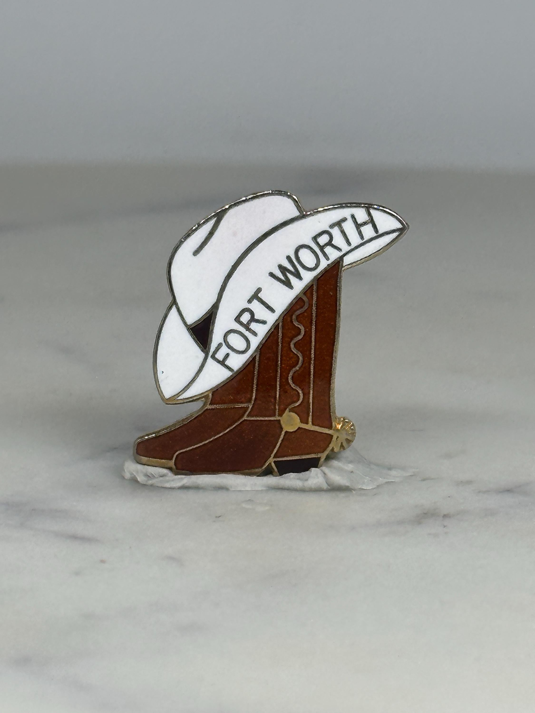 Fort Worth Cowboy Hat and Boot Pin: Enamel Brown White - Western Souvenir Accessory