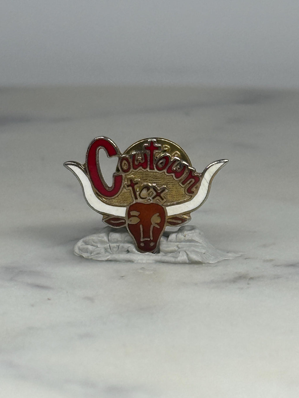 Cowtown Texas Souvenir Pin: Red & Gold Enamel - Western Travel Accessory