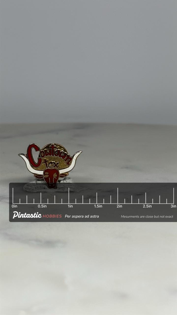 Cowtown Texas Souvenir Pin: Red & Gold Enamel - Western Travel Accessory with ruler overlay for size reference
