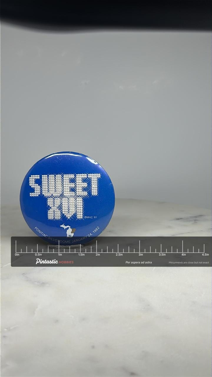 Super Bowl XVI Pin: Blue & White Button - 1982 Sports Accessory with ruler overlay for size reference