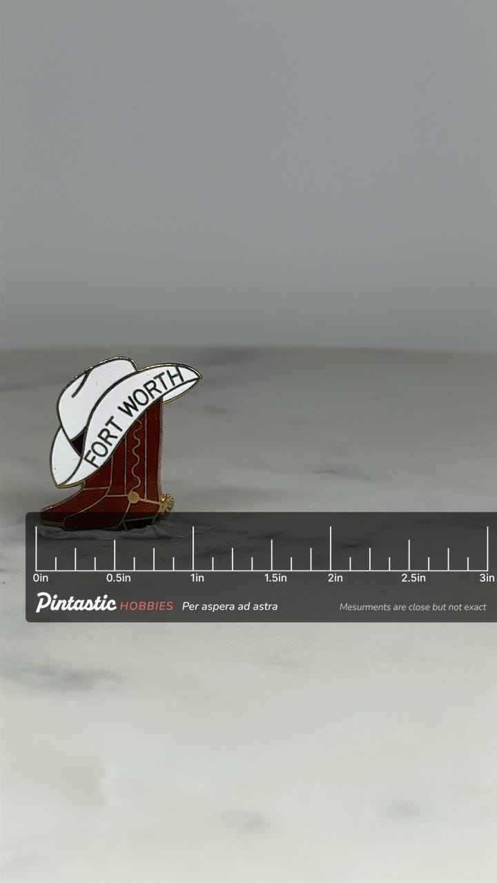 Fort Worth Cowboy Hat and Boot Pin: Enamel Brown White - Western Souvenir Accessory with ruler overlay for size reference
