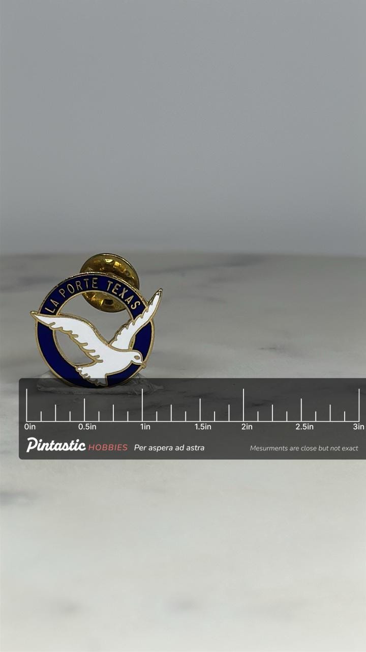 La Porte Texas Dove Pin: Gold & Blue Enamel - Vintage City Souvenir Accessory with ruler overlay for size reference