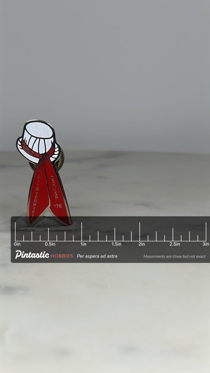 Tall & Terrific Chef Hat Pin: Red Enamel - 1976 Denver Souvenir Accessory with ruler overlay for size reference
