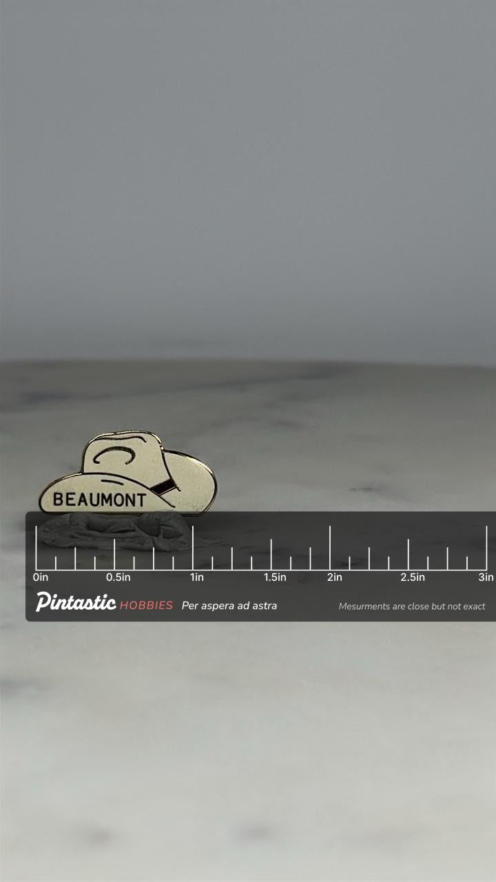 Beaumont Cowboy Hat Pin: Cream Enamel - Western Souvenir Accessory with ruler overlay for size reference