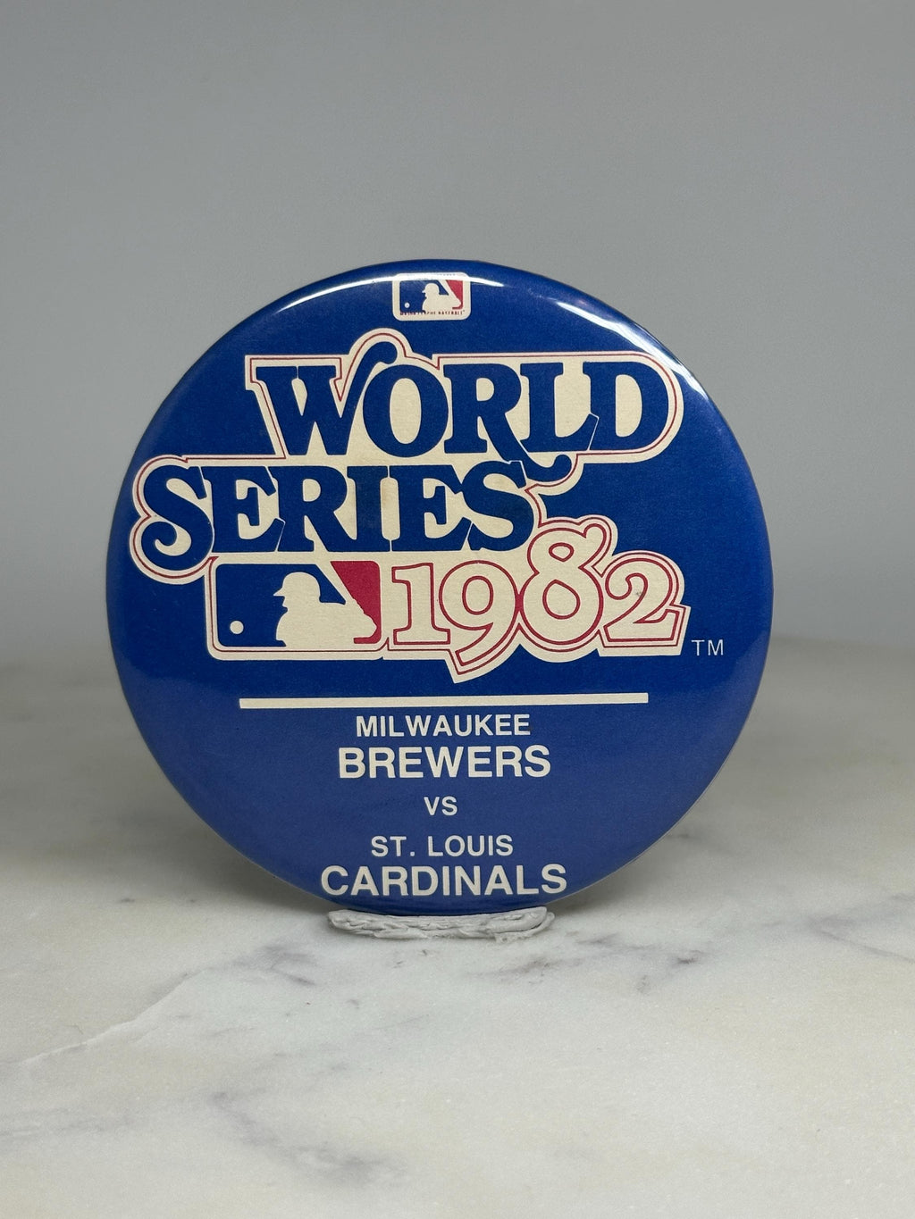 1982 World Series Button Pin: Blue & White - MLB Vintage Accessory