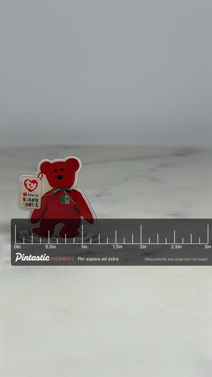 Beanie Babies Mexico Bear Pin: Red Bear with Mexican Flag - 90s Toy Collectible Accessory with ruler overlay for size referen