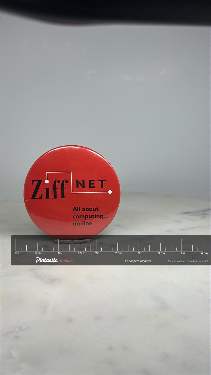 ZiffNet Computing Button Pin: Red Tech Promo - 90s Internet Accessory with ruler overlay for size reference