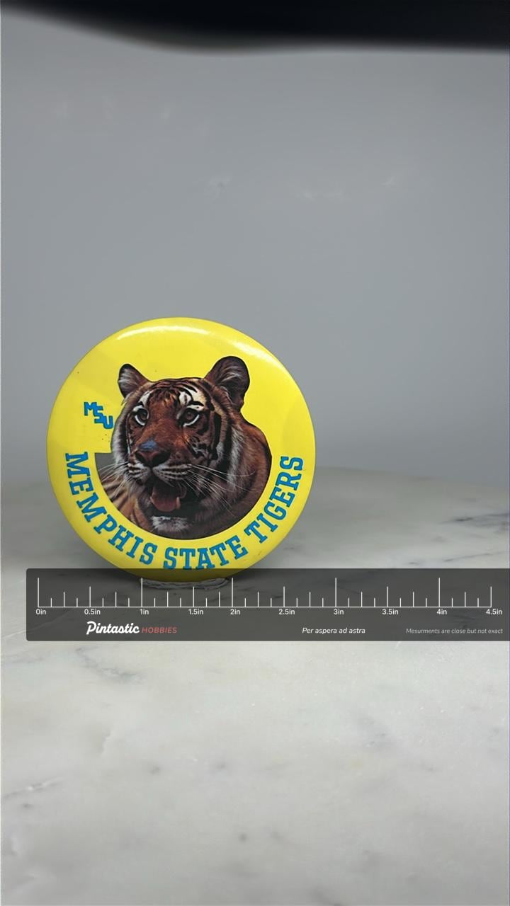 Memphis State Tigers Pinback Button: Yellow Bold - Vintage College Accessory with ruler overlay for size reference