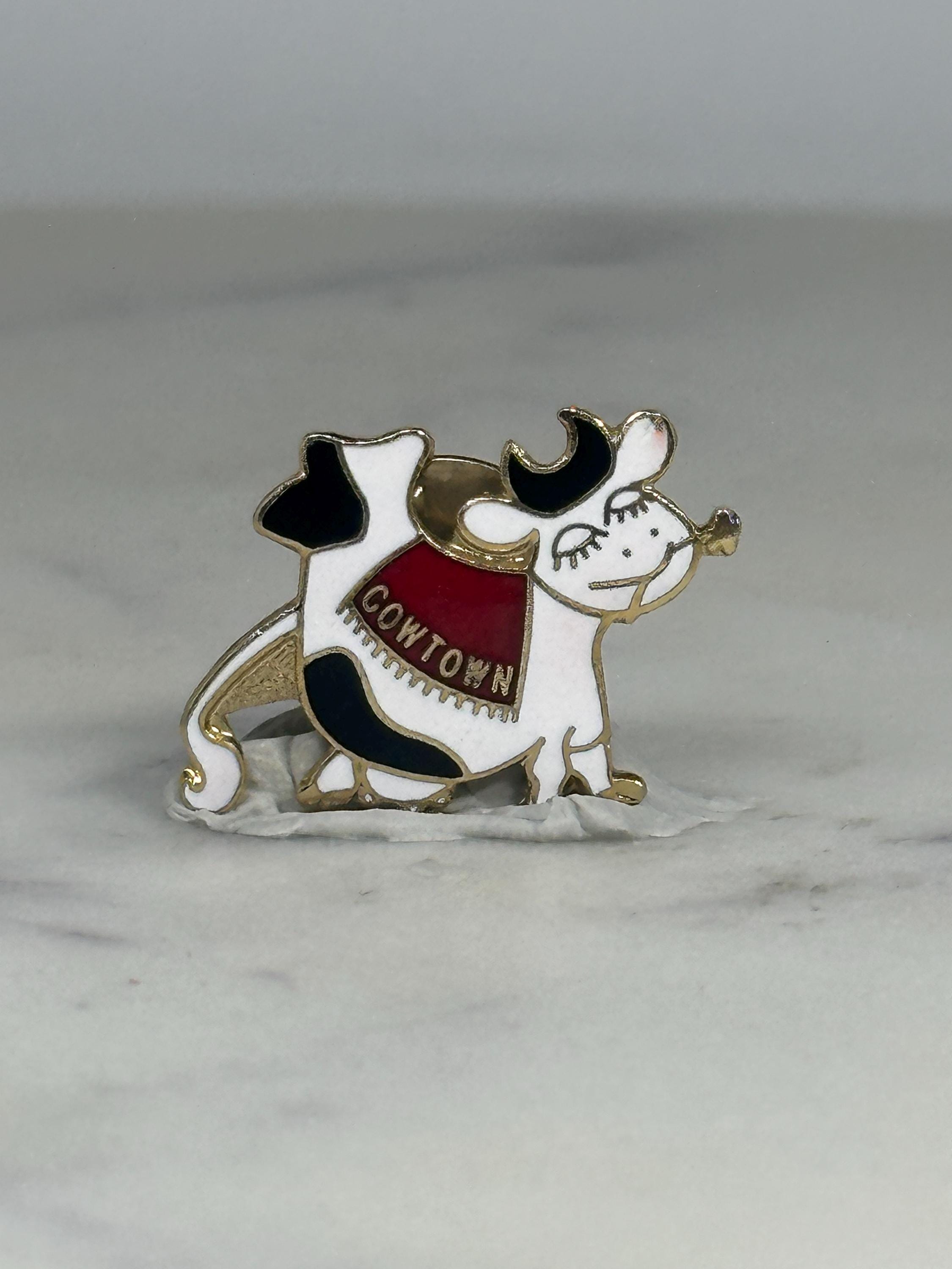 Cowtown Cow Pin: Enamel Gold-Tone - Whimsical Retro Accessory