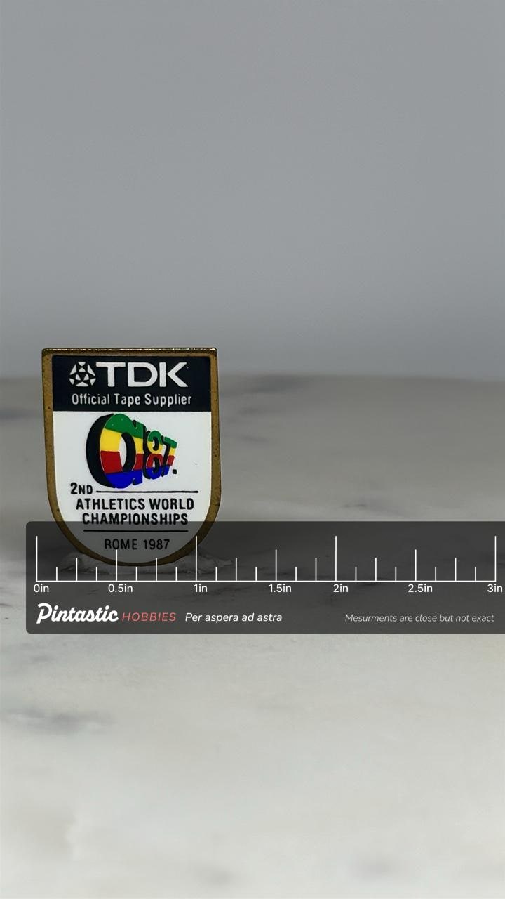 Athletics World Championships Pin: Enamel Shield Design - 1987 Rome Accessory with ruler overlay for size reference