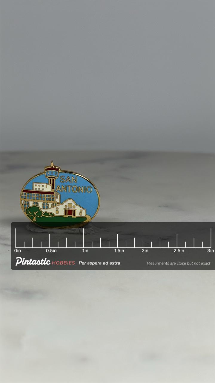 San Antonio Landmark Pin: Enamel with Gold Trim - Vintage Travel Accessory with ruler overlay for size reference