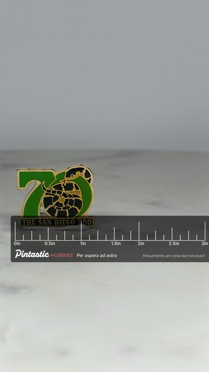 San Diego Zoo 70th Anniversary Pin: Green Enamel - Commemorative Accessory with ruler overlay for size reference