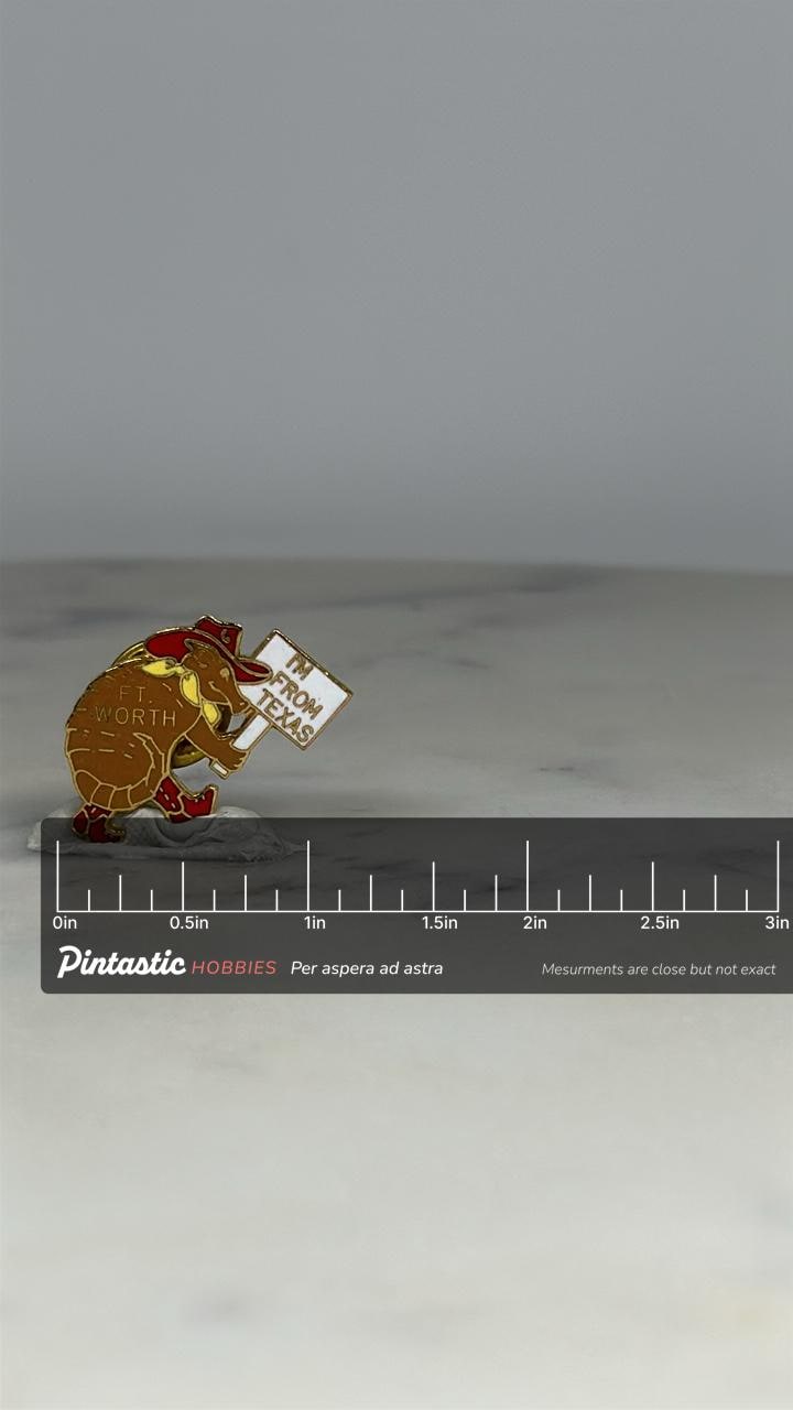 Ft. Worth Armadillo Pin: Red Cowboy Hat Enamel - Texas Souvenir Accessory with ruler overlay for size reference