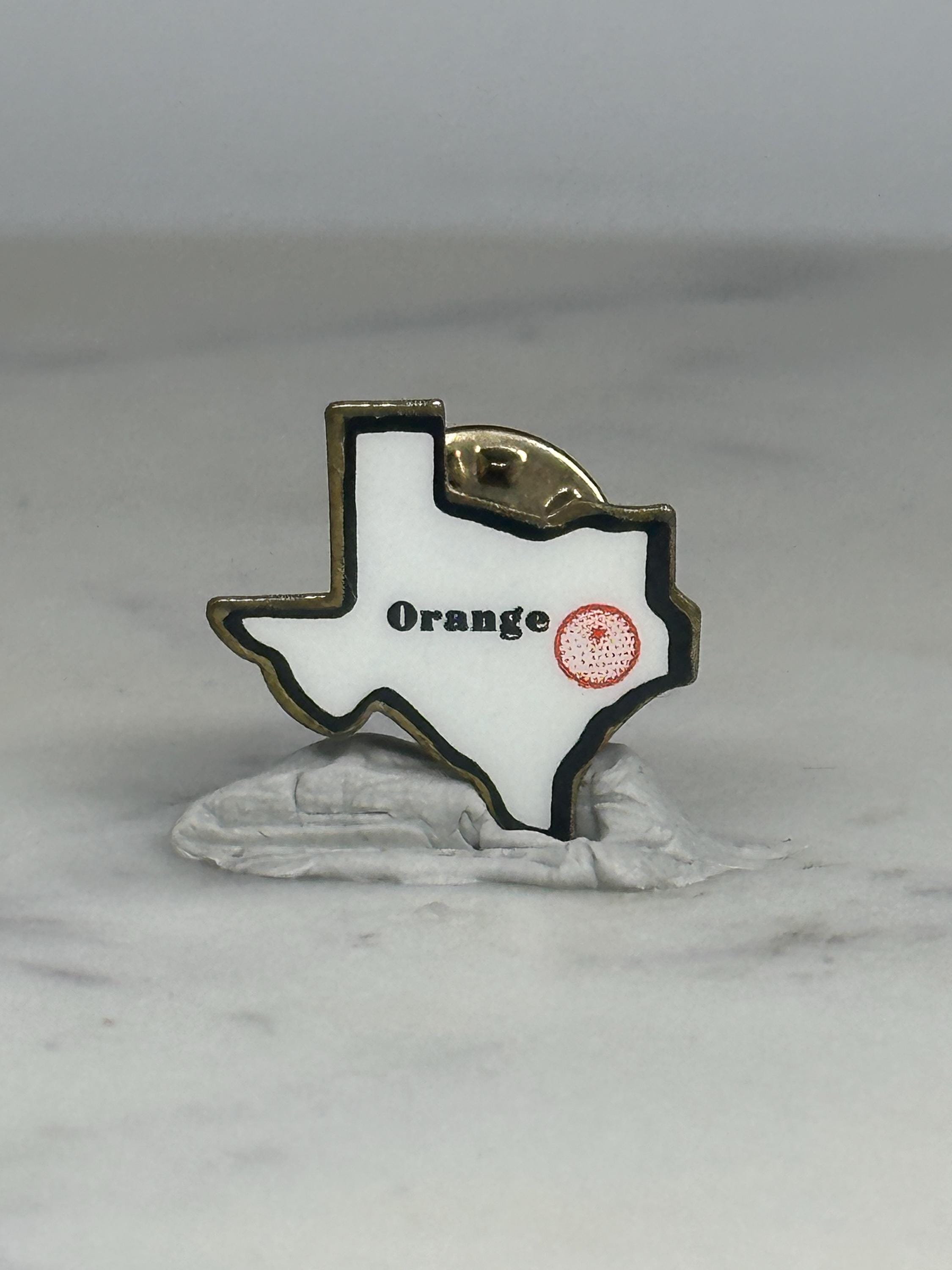 Texas Orange City Pin: White Enamel Brass Finish - Vintage State Accessory