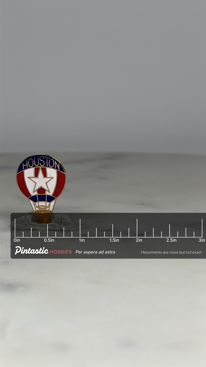 Houston Hot Air Balloon Pin: Red White Blue Enamel - Vintage Travel Accessory with ruler overlay for size reference